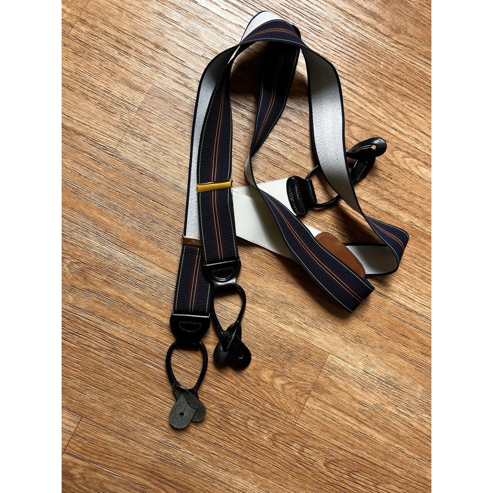 Jos.A. BANK Red Blue Striped Suspenders Leather Gold Tone Hardware Formal O/S